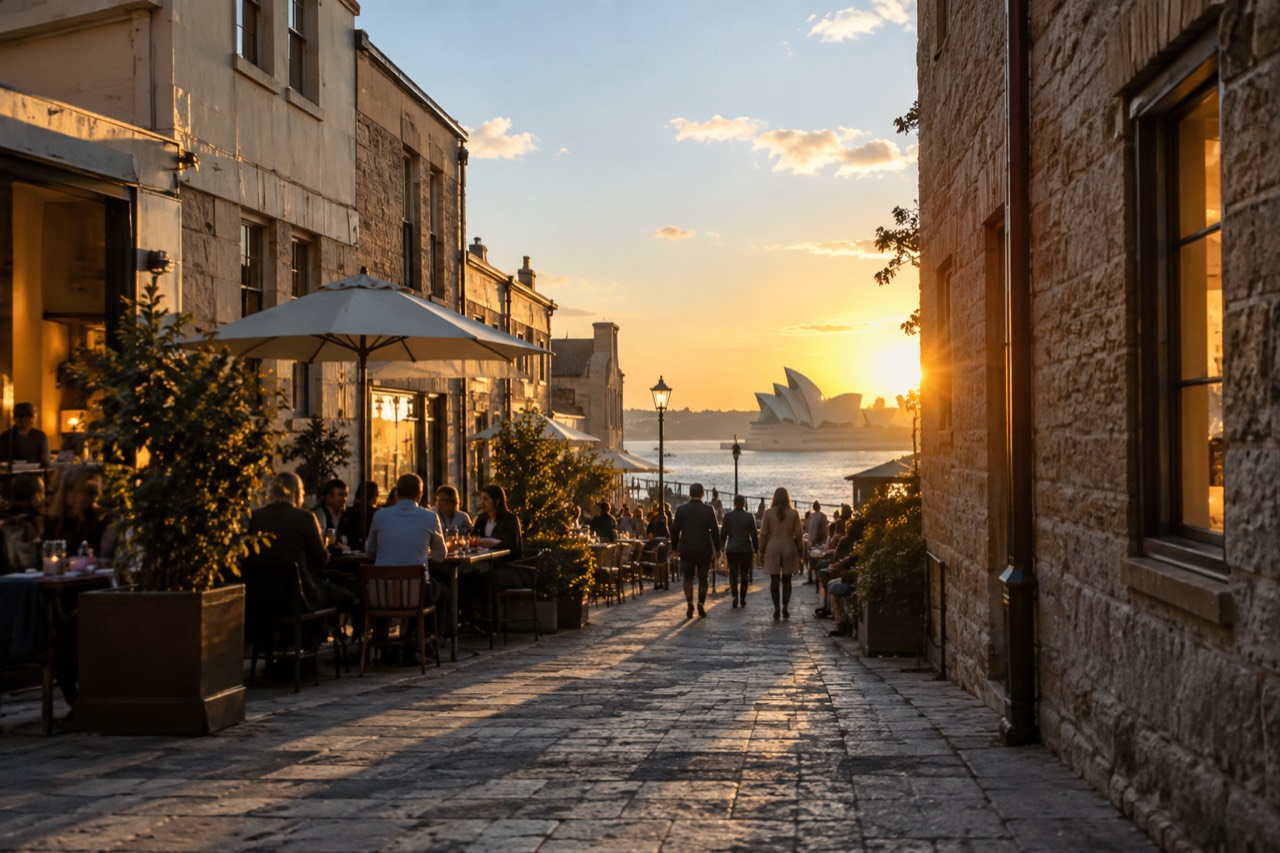 A sandstone laneway in The Rocks at dusk with warm light spilling from restaurant windows