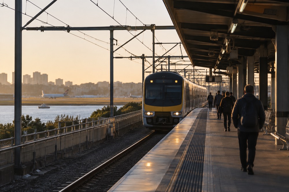 A train on the airport line arriving at an open-air Sydney railway platform in morning light.