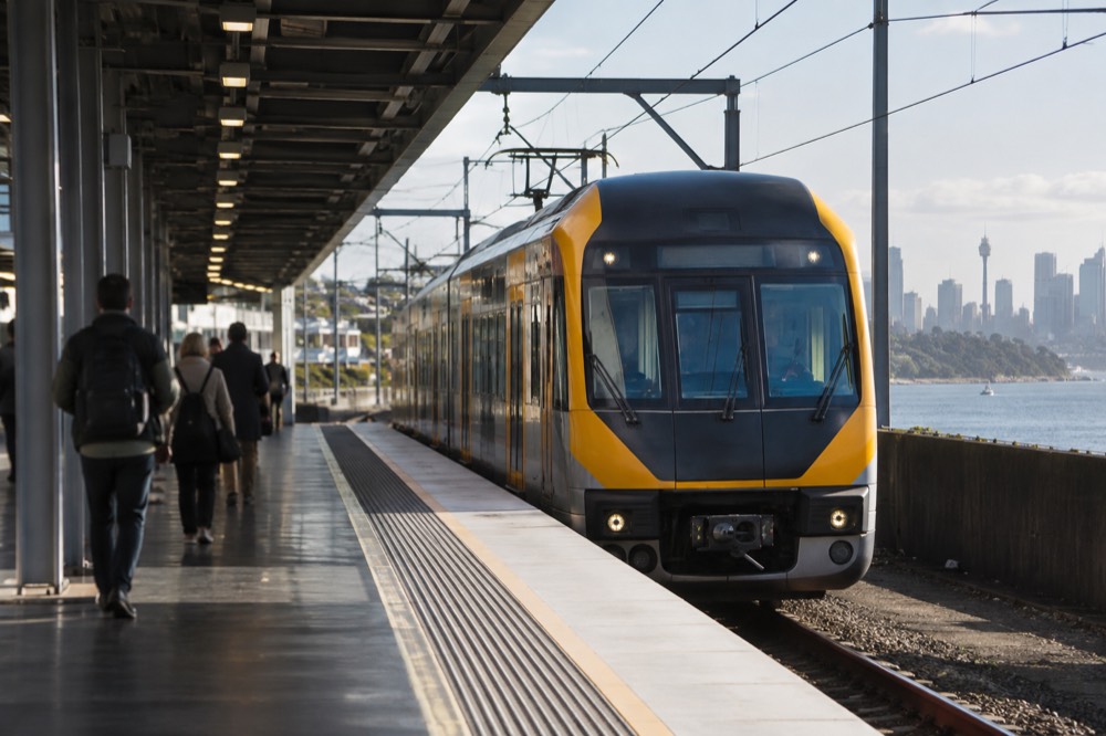 A train on the airport line arriving at an open-air Sydney railway platform in morning light