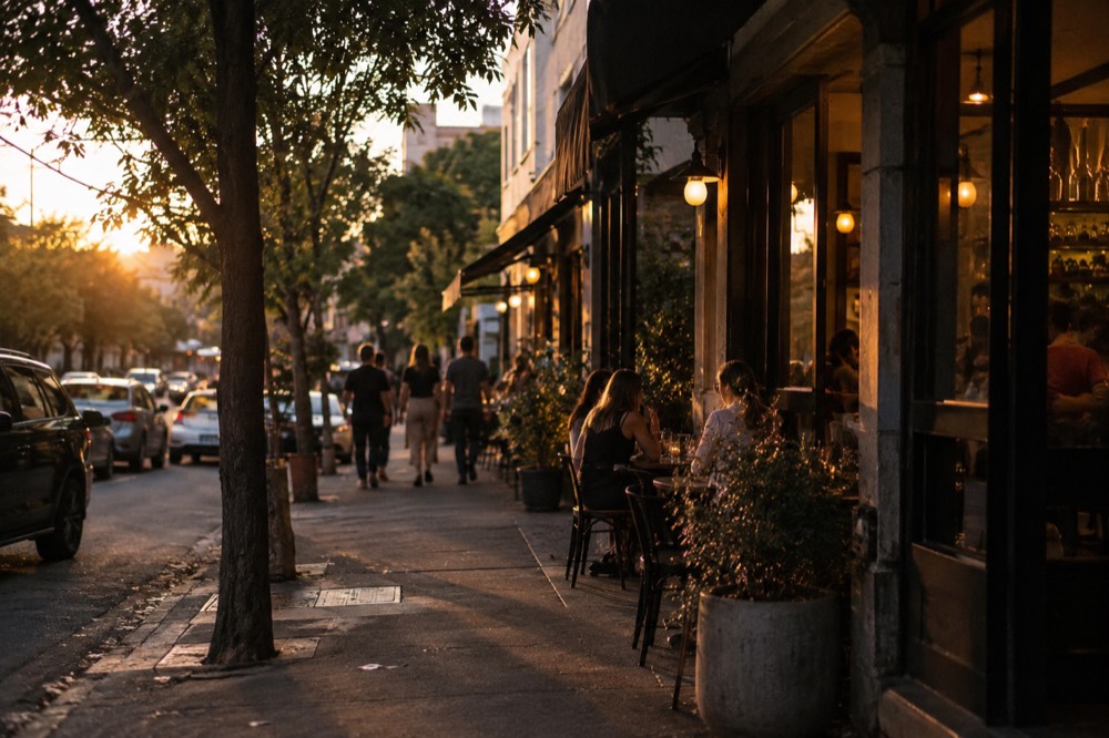 A narrow Surry Hills street at dusk with small restaurants and warm light spilling onto the footpath