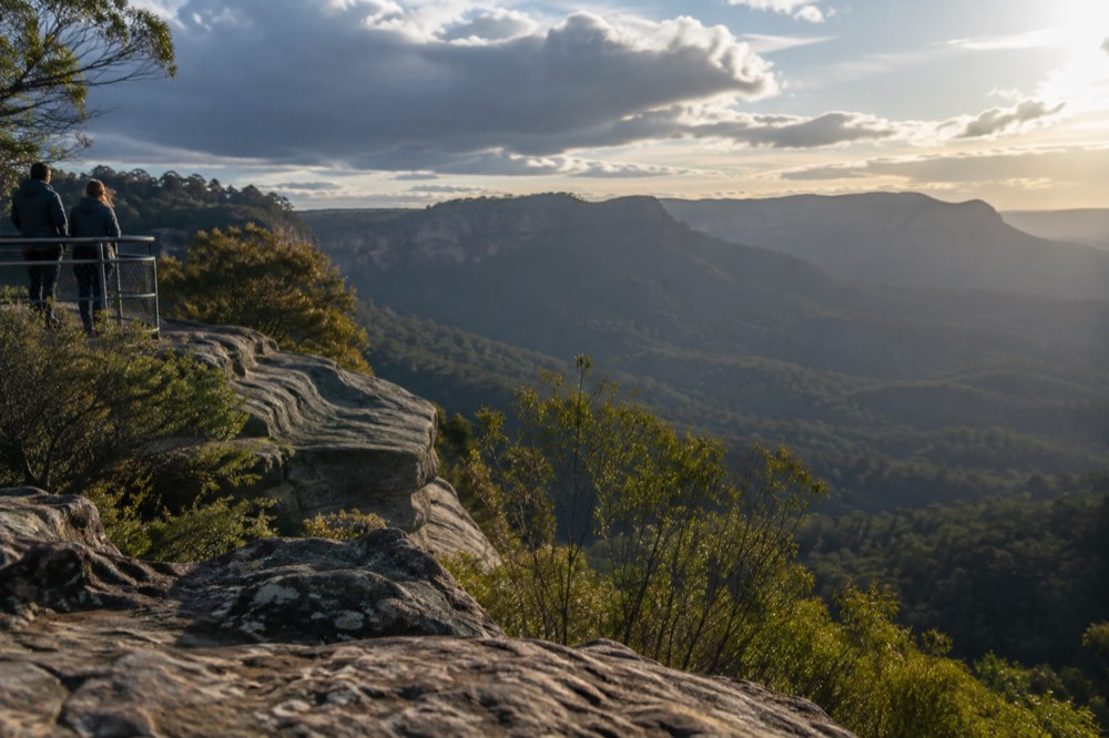 A clifftop lookout above a wide forested valley in soft afternoon light