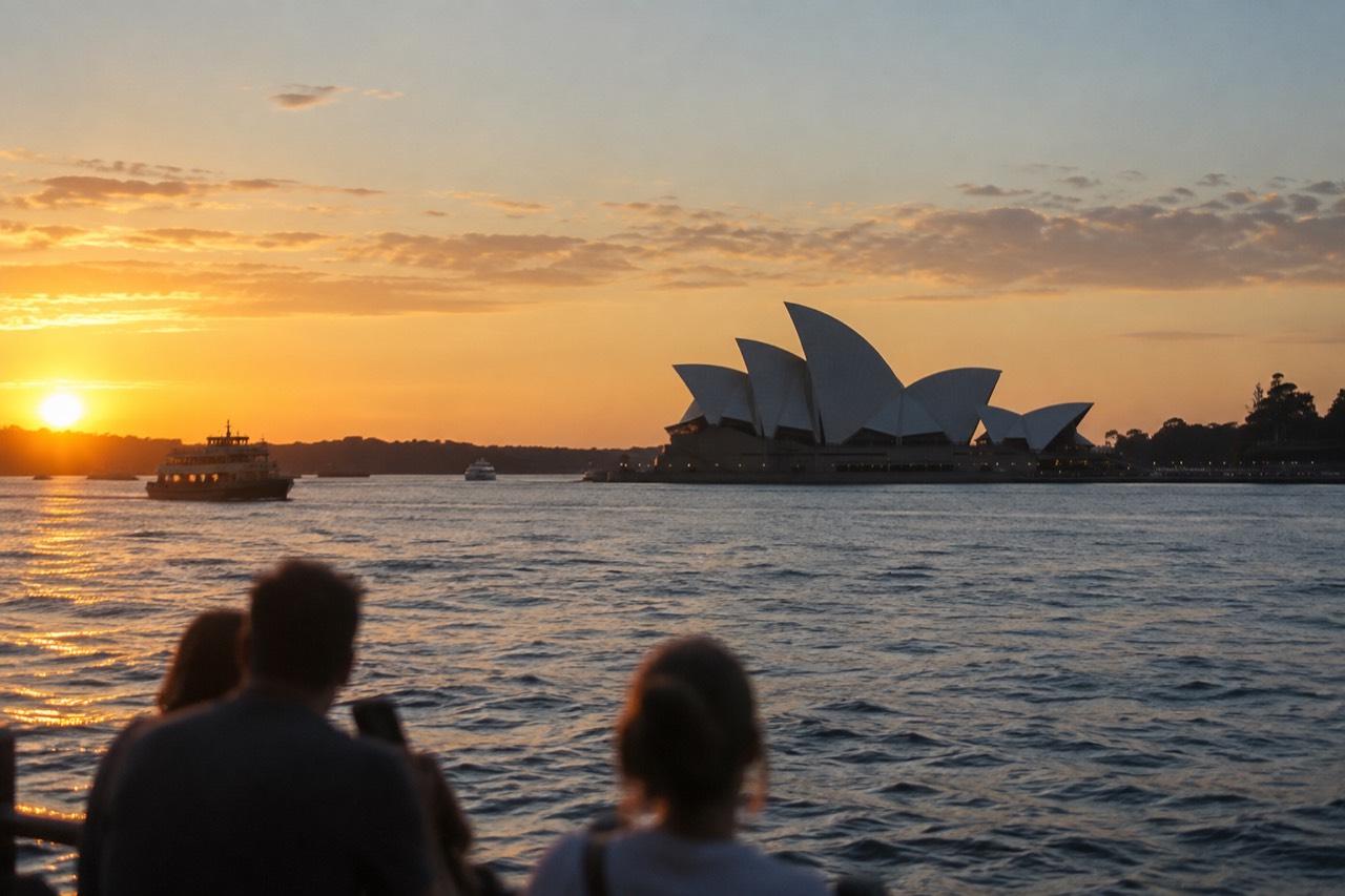 Sydney Opera House sails seen across the water from Circular Quay at dusk