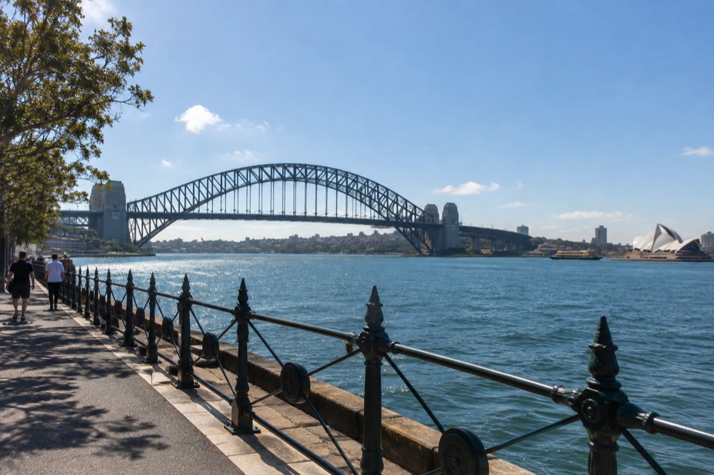 Sydney Harbour Bridge and Opera House skyline from the Circular Quay foreshore on a clear morning
