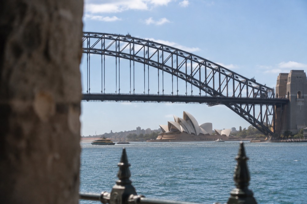 Climbers in suits walking along the top arch of the Sydney Harbour Bridge with the Opera House below