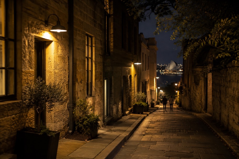 Narrow lamplit sandstone laneway in The Rocks at night