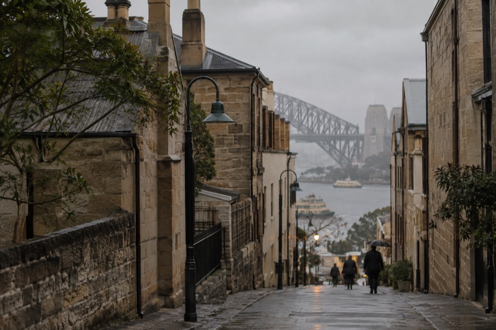 The historic sandstone laneways of The Rocks district in morning light