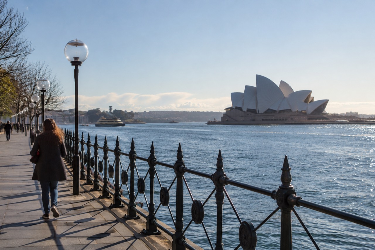 Sydney Opera House sails seen across Circular Quay on a clear morning