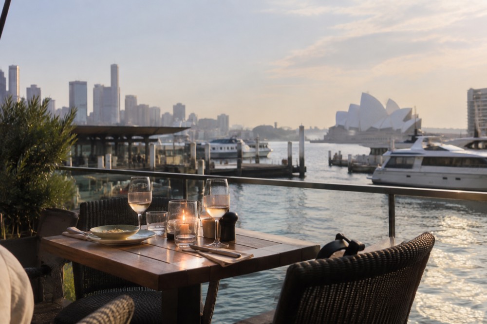 A candlelit table for two on a harbourside terrace overlooking moored yachts