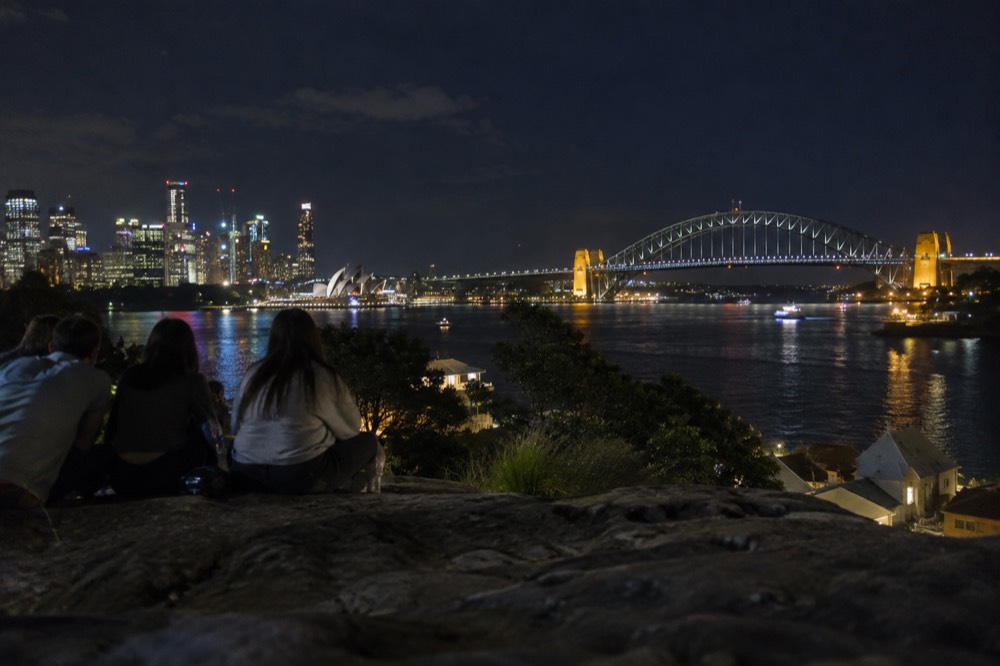 Sydney city skyline and harbour bridge illuminated at night from an elevated park
