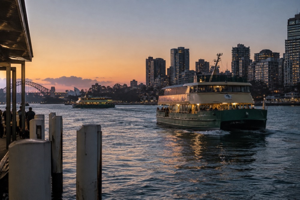 Ferry boats on Sydney Harbour with apartment towers along the waterfront in the background