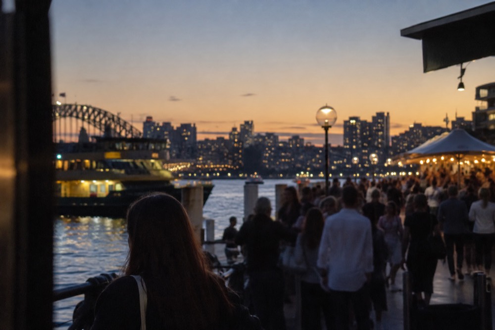 Evening crowds at an outdoor festival with city lights behind them