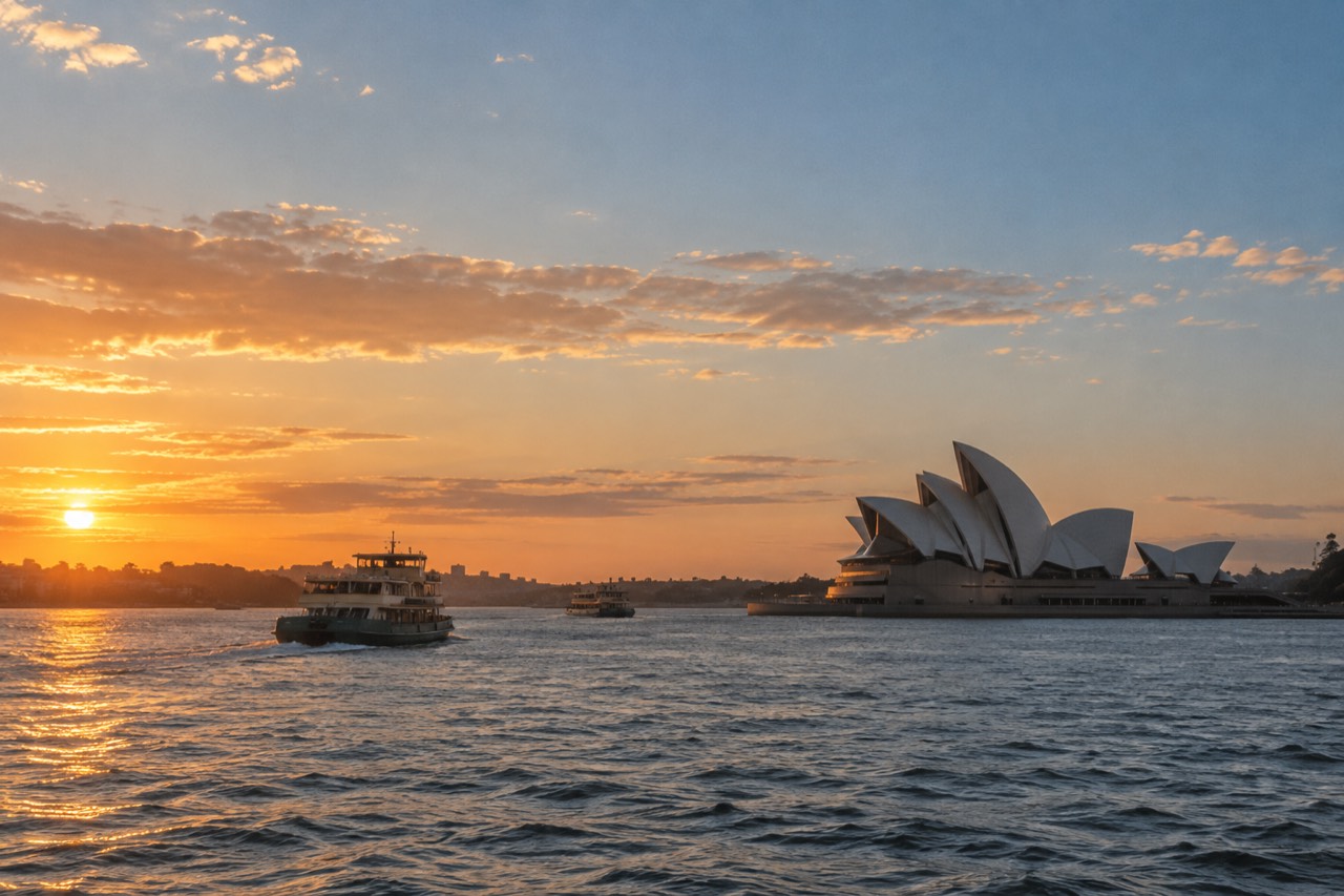 Sydney Harbour at golden hour with the Opera House sails and ferry traffic on the water