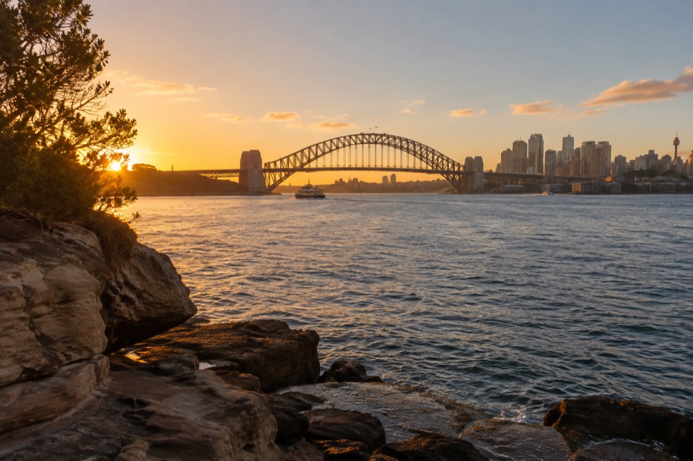 Harbour bridge and city skyline seen across water from a sandstone headland at golden hour