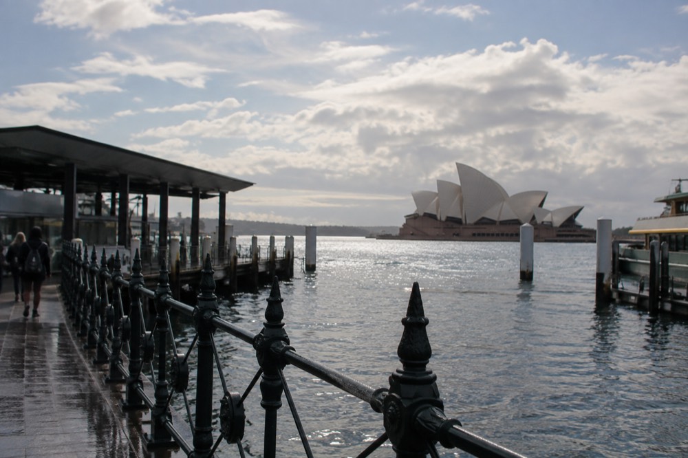 The Sydney Opera House sails seen from the Circular Quay promenade at midday