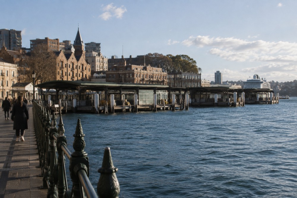 Sandstone heritage buildings of The Rocks seen from the Circular Quay foreshore