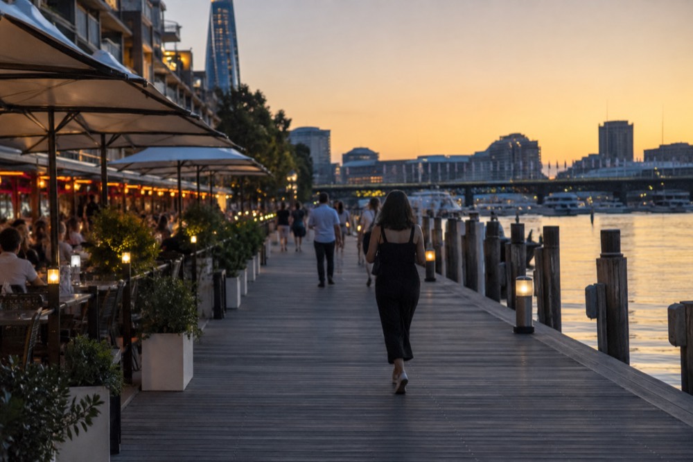 Restaurant terraces along a wharf at Darling Harbour with outdoor seating