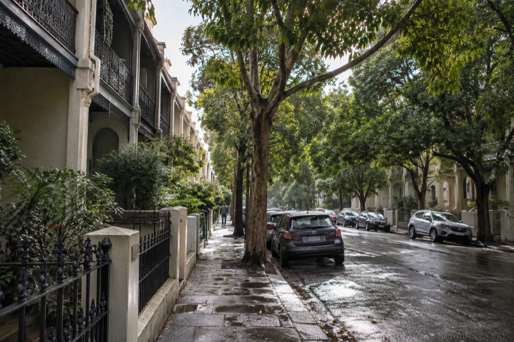 Terrace houses with wrought-iron balconies along a quiet tree-lined street in Glebe