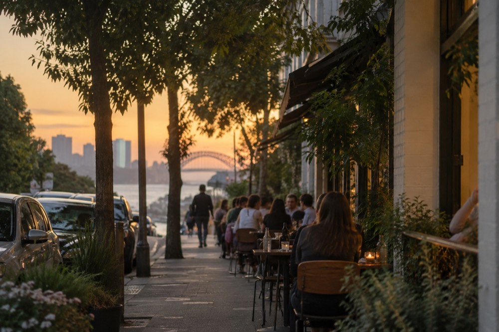 A café terrace with small tables set out under trees on Glebe Point Road