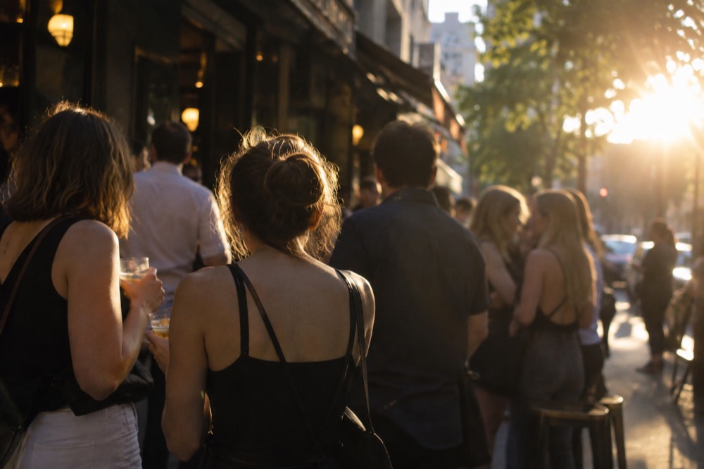 Crowds outside bars on Darlinghurst Road on a Saturday night
