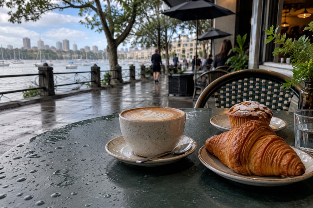 Coffee and pastries on an outdoor table at a Potts Point café