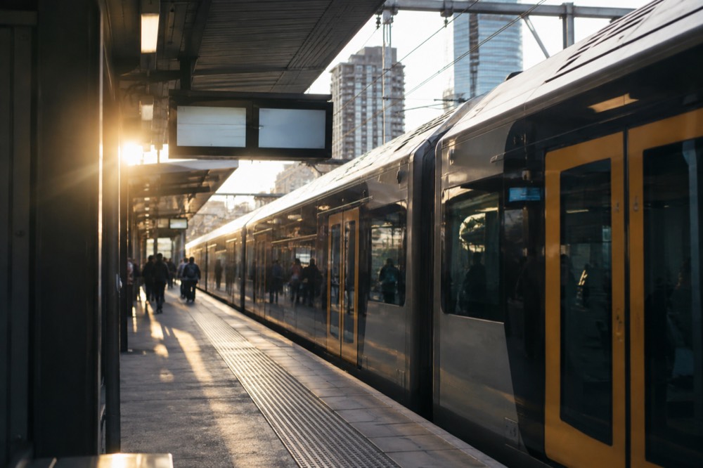 Modern Sydney train at a platform with destination screens showing Parramatta services