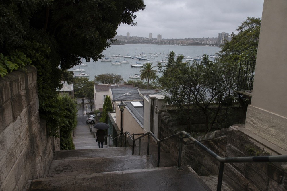 Stone McElhone Stairs descending from Victoria Street toward Woolloomooloo Bay