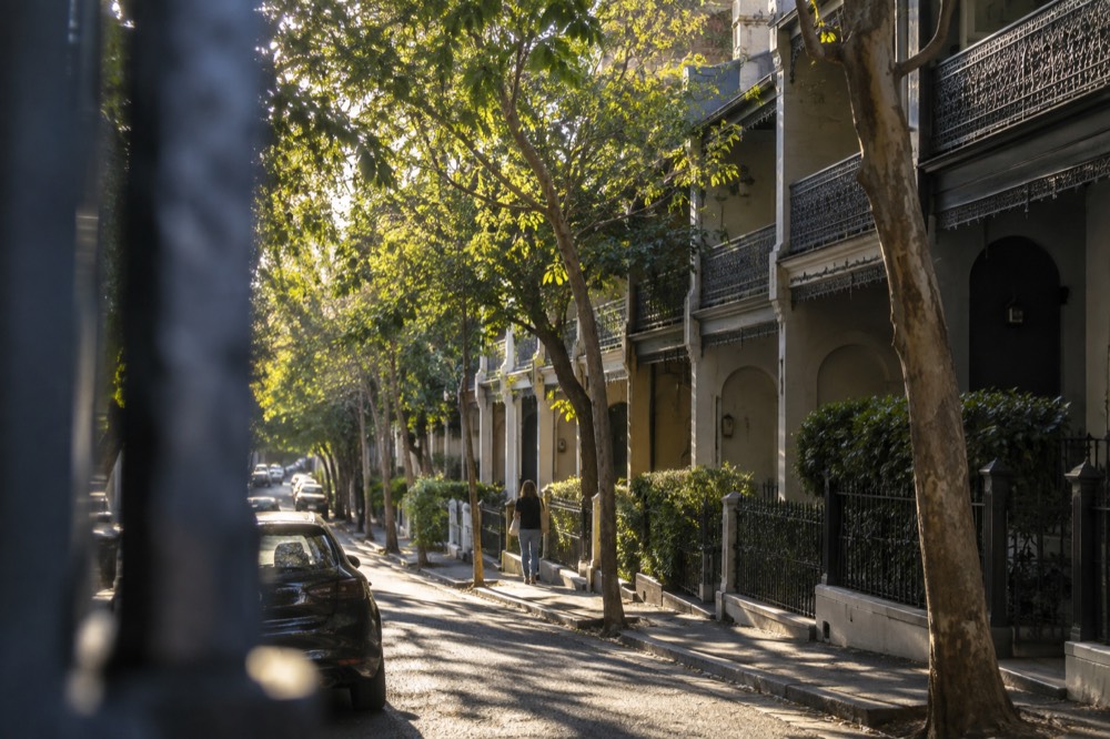 Rows of Victorian terrace houses with iron lace balconies on a quiet Surry Hills street