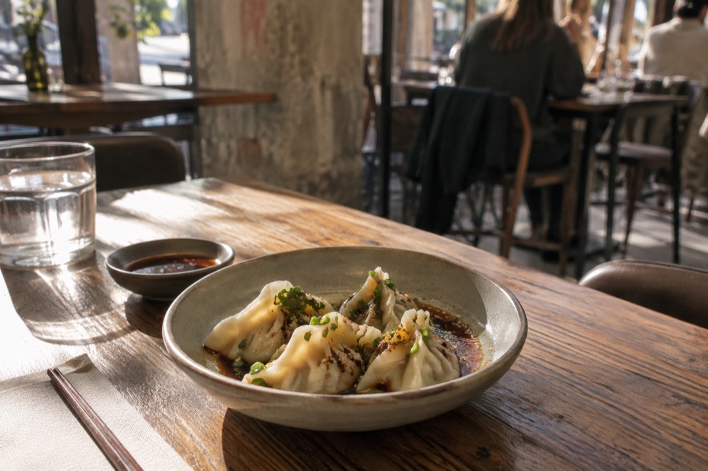 A small plate of dumplings on a wooden table in a casual Surry Hills restaurant