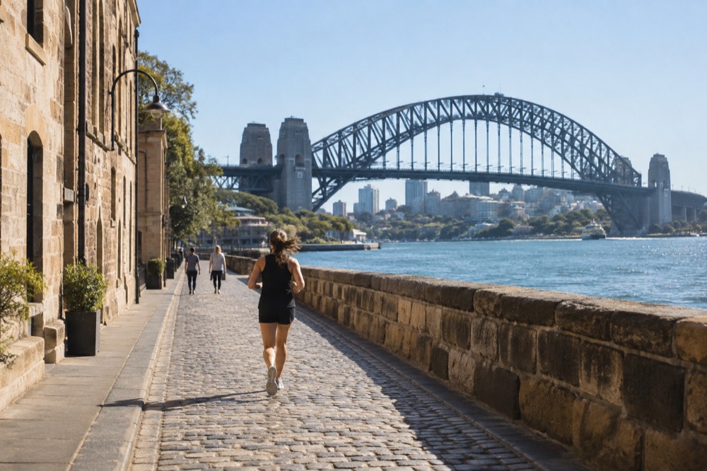 Historic sandstone buildings and cobblestone lane in The Rocks with the Harbour Bridge overhead