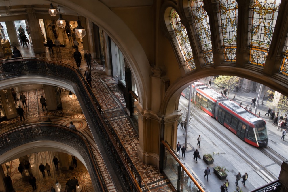 Light rail tram on George Street passing the Queen Victoria Building