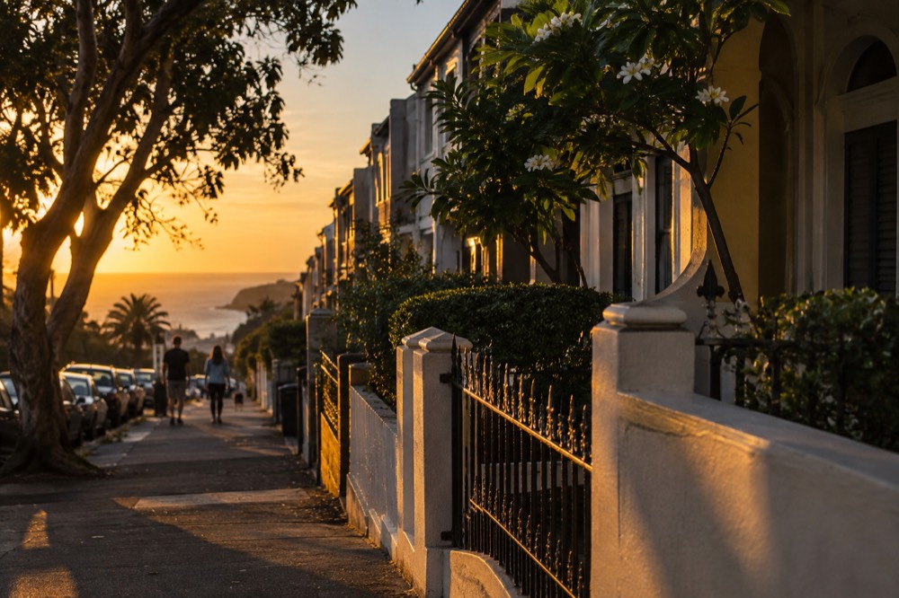Terrace houses in a row along a leafy street at golden hour