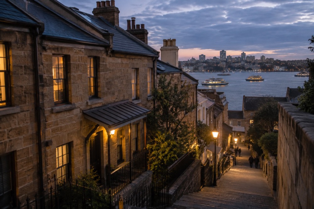Historic sandstone terrace houses on a hillside street in The Rocks