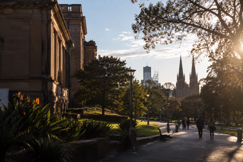 Hyde Park paths and St Mary's Cathedral spires seen from near the museum district