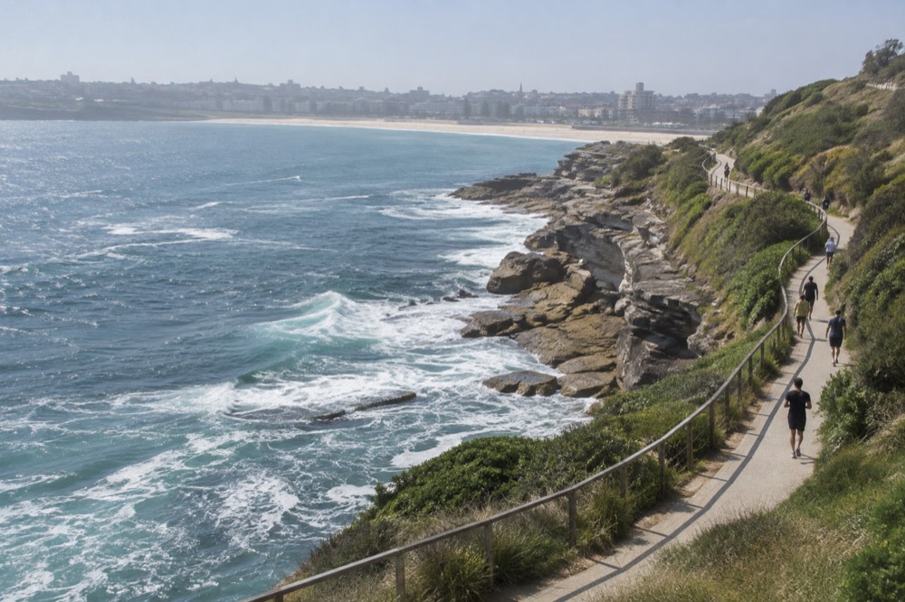 Paved coastal path curving along a sandstone cliff above the ocean