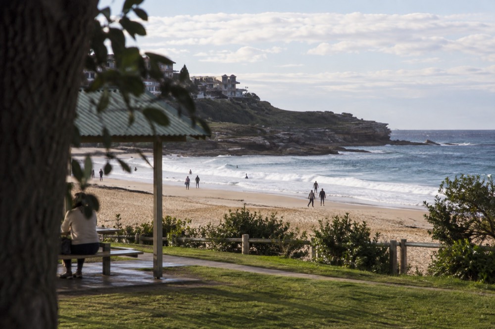 Wide sandy beach with a grassy park and picnic shelters along the foreshore