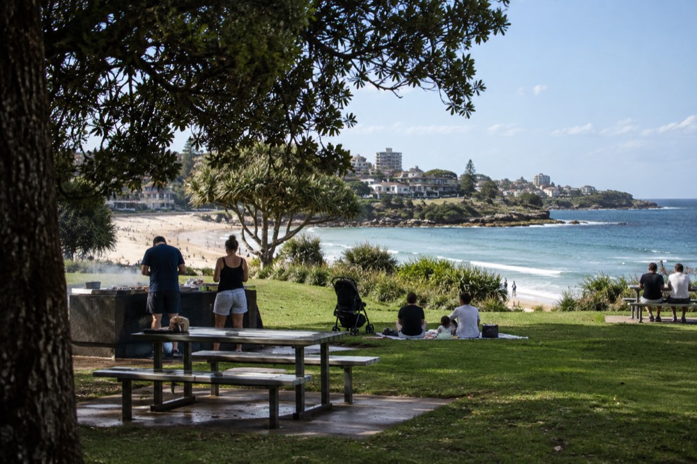 Families sitting on grass beside picnic tables and public barbecues near the beach