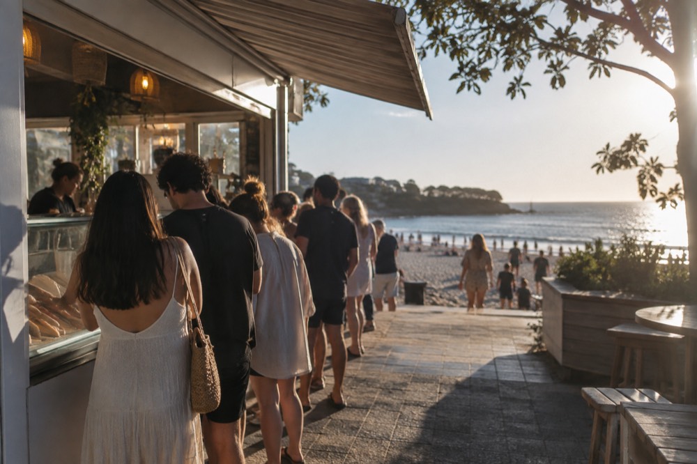 People queuing at a beachfront gelato shop in the late afternoon