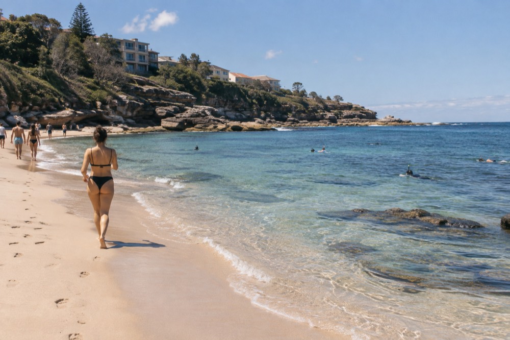 Sheltered rocky bay with clear shallow water and snorkellers near the shore