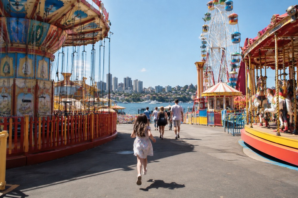A brightly painted vintage funfair with rides and harbour water behind them