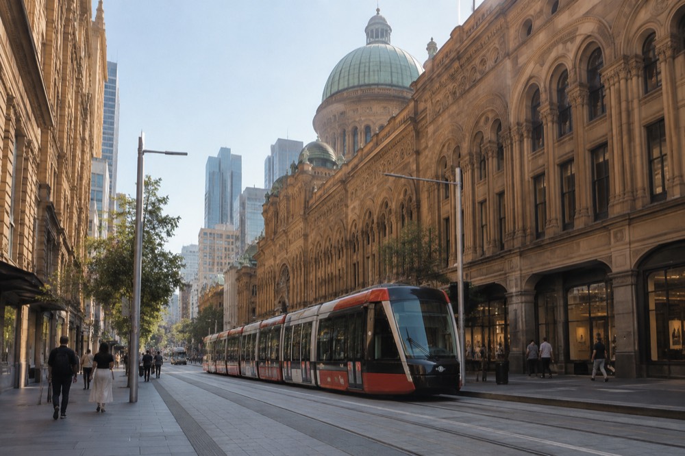 Modern light rail tram travelling along George Street past heritage stone facades in central Sydney