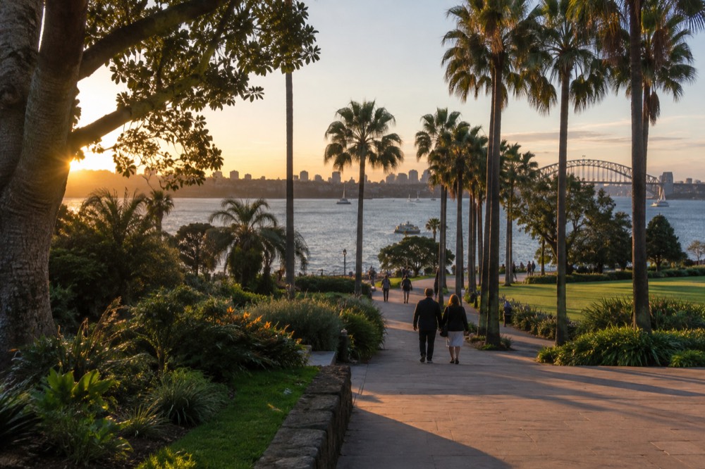 Wide sandstone path lined with palm trees leading toward a harbour inlet