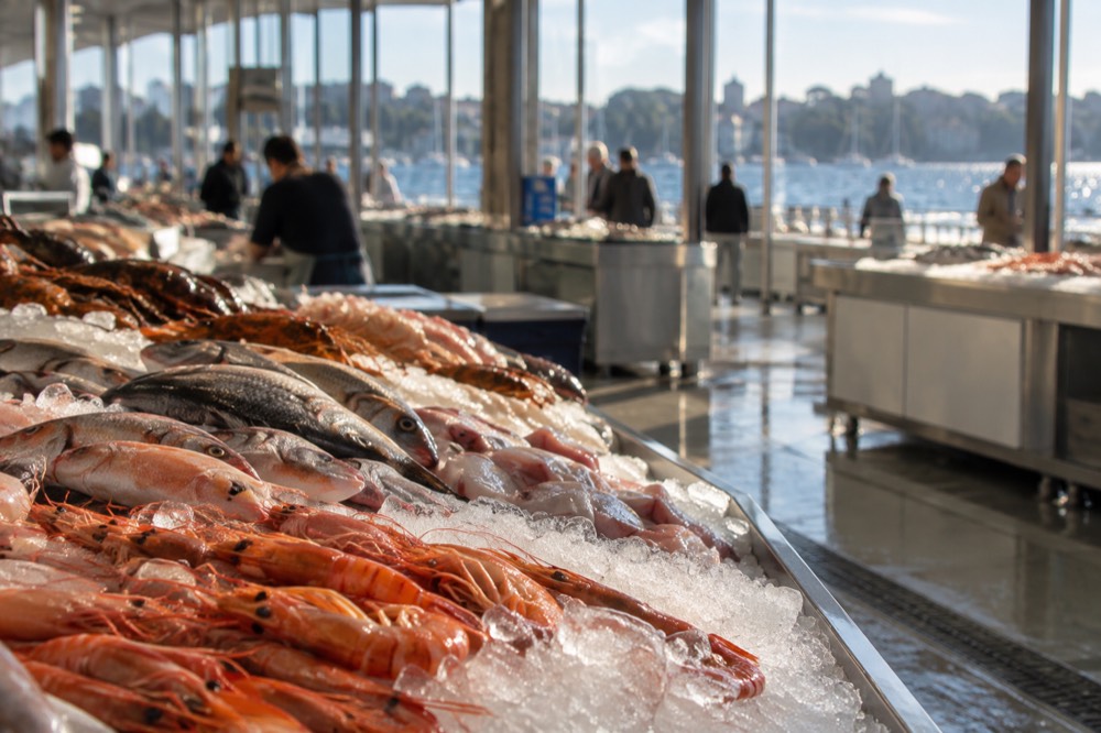 A modern market hall with seafood counters and glass walls looking out over a bay