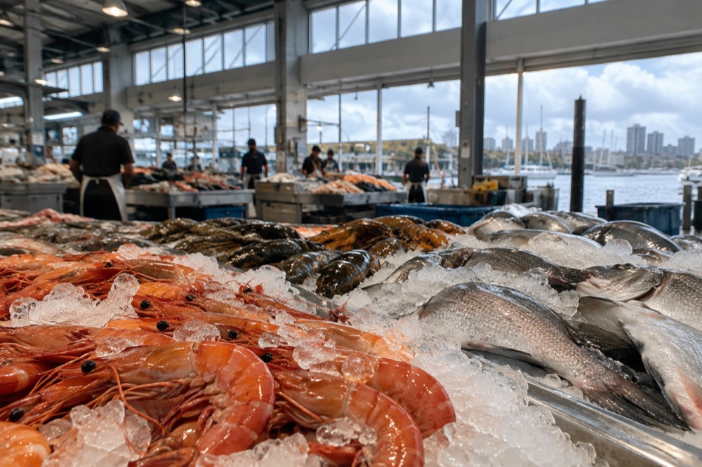 A market aisle with seafood stalls and daylight through high windows
