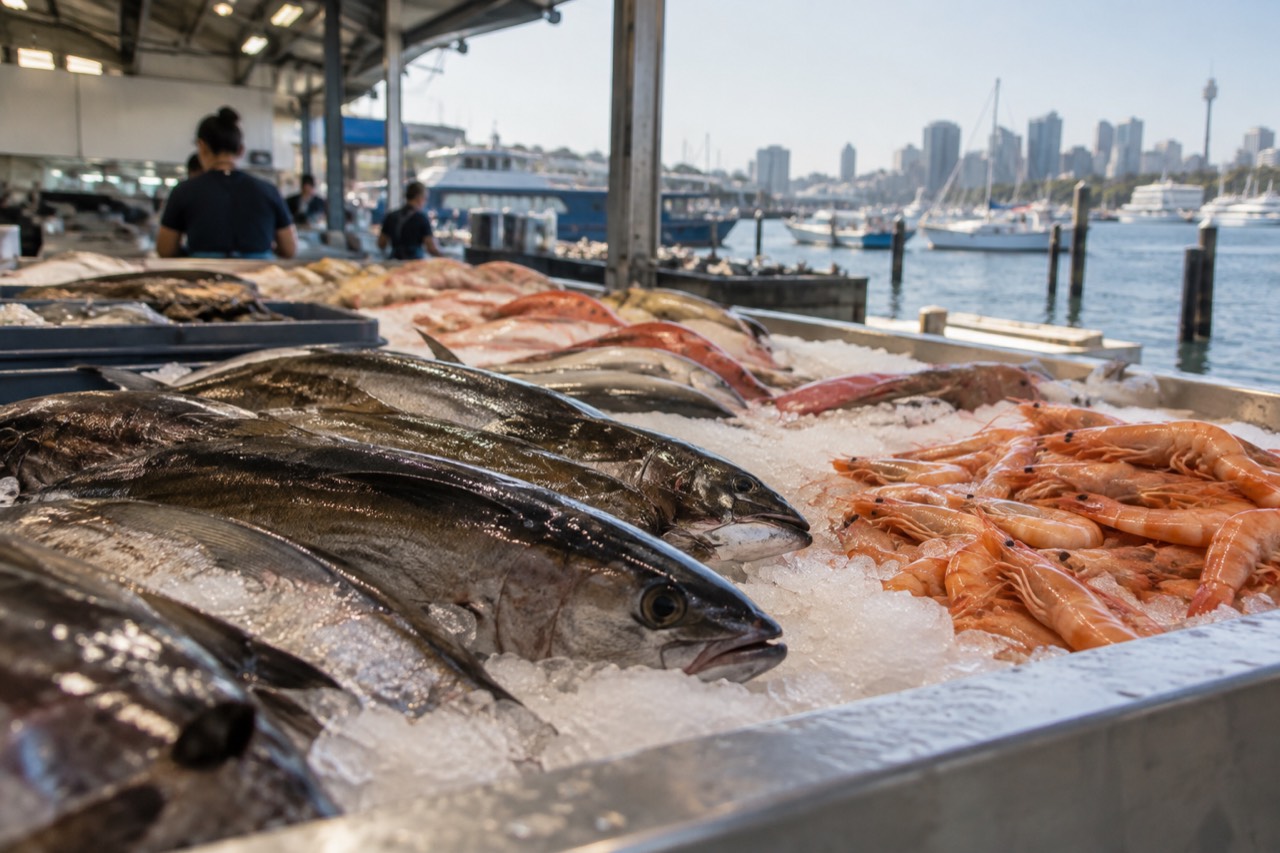A modern seafood market hall beside a calm bay with boats moored along the wharf