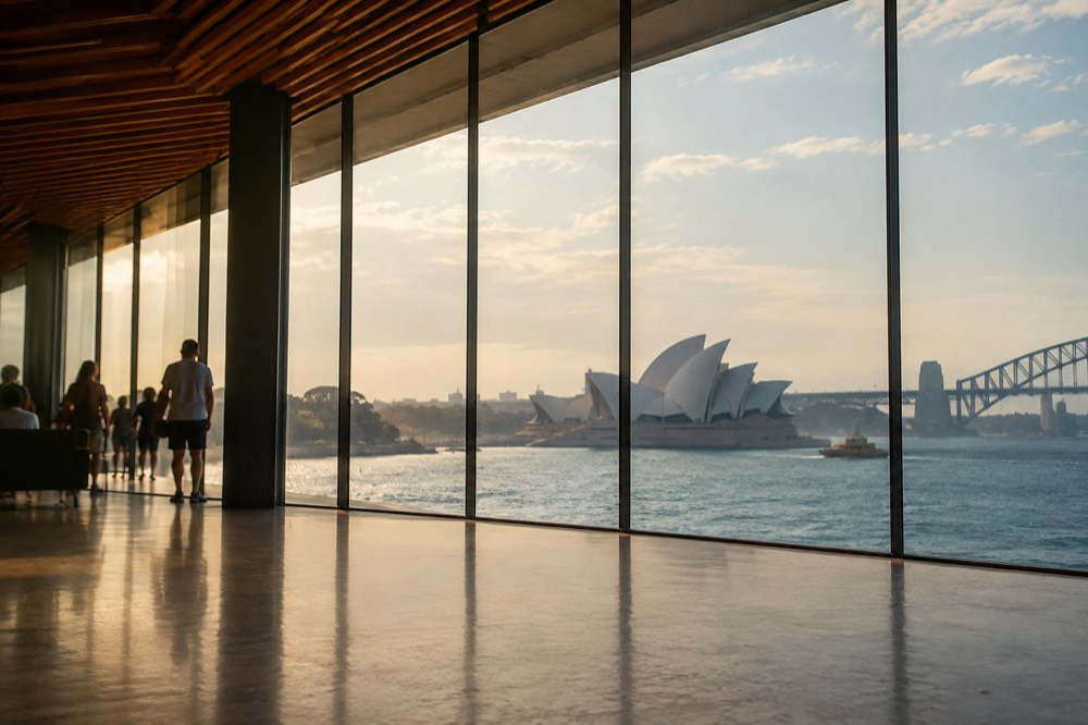 The timber-lined foyer of the Opera House with floor-to-ceiling glass facing the harbour
