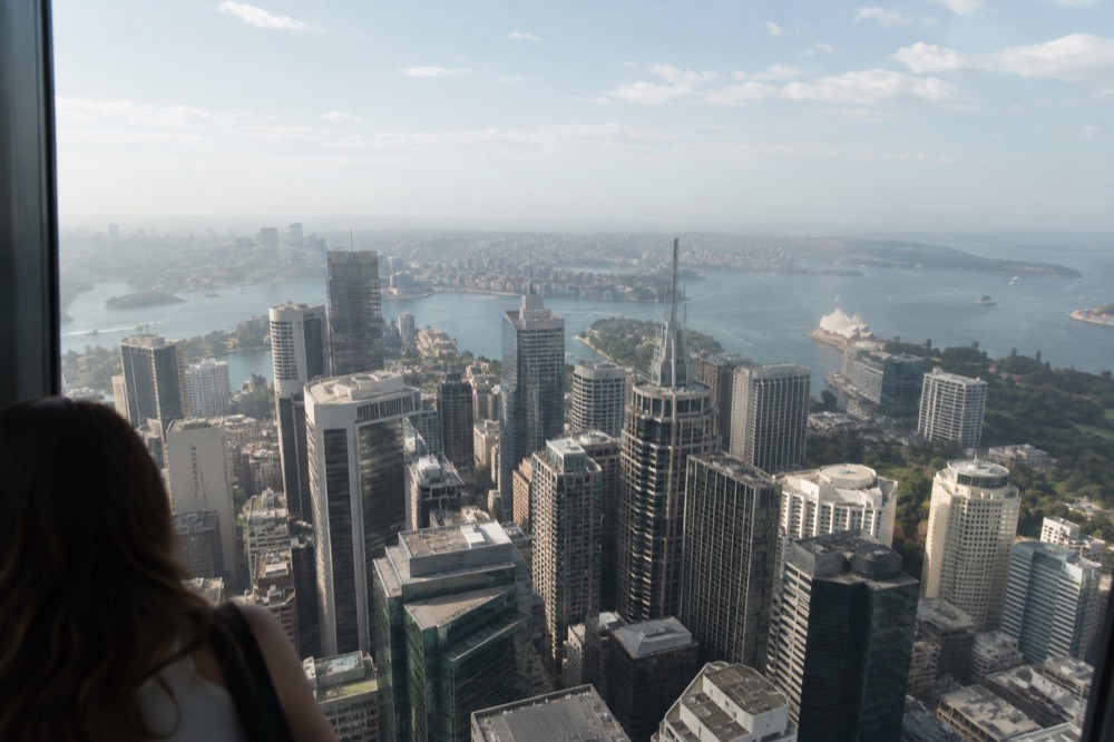 View across Sydney rooftops from a high observation deck with the harbour in the distance