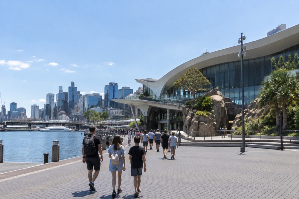 Darling Harbour promenade on a clear day with the wildlife park entrance visible ahead