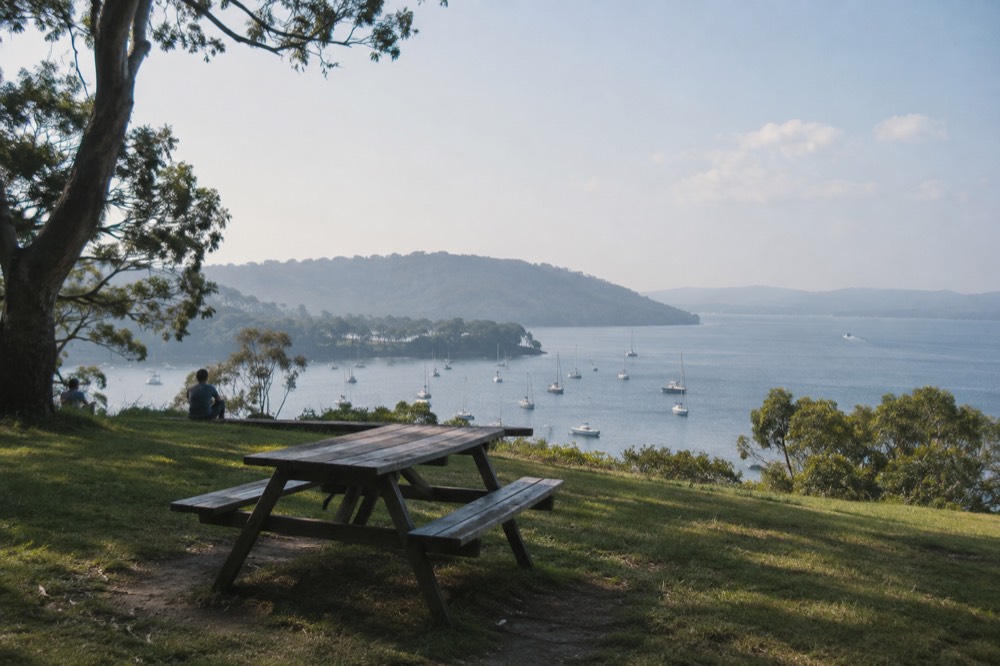A picnic table on a grassy headland overlooking a curved bay and boats