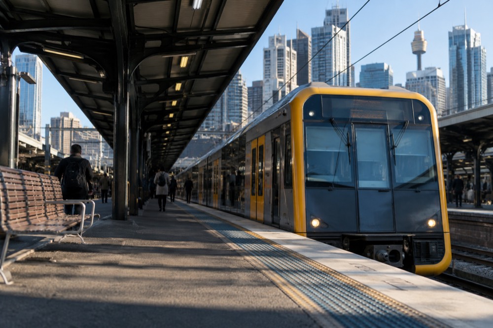 A double-deck intercity train at Central station with the destination board showing Blue Mountains Line services