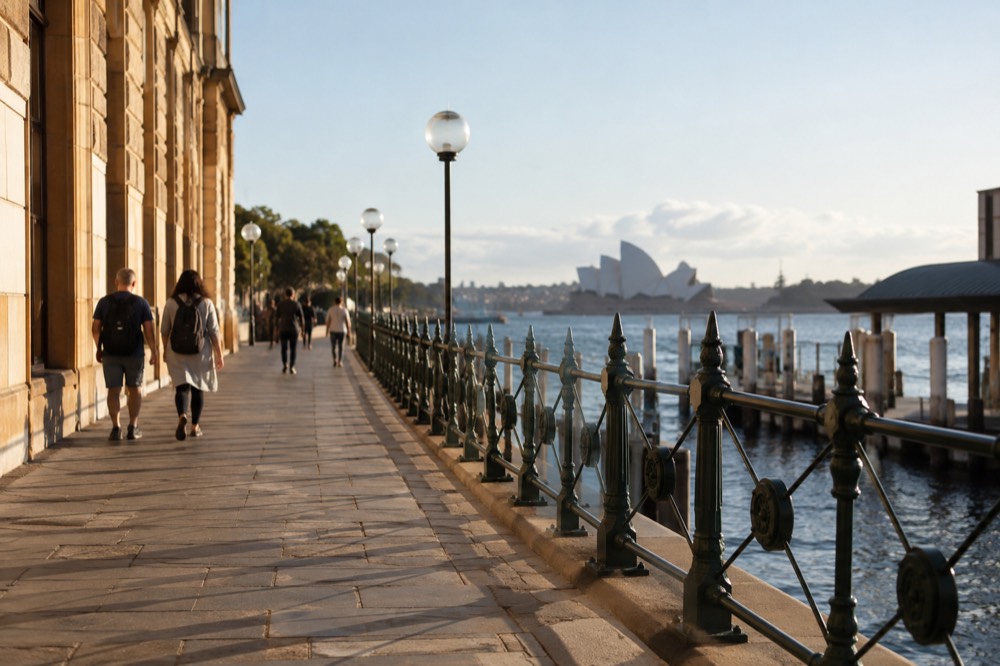 A riverside walkway beside heritage sandstone buildings on a bright afternoon